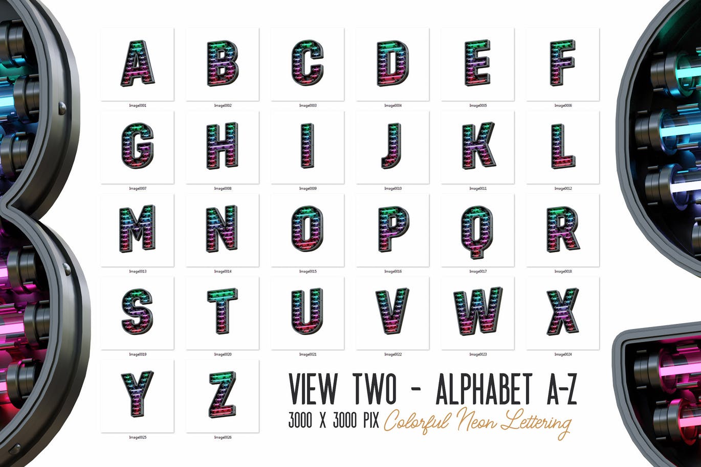 絢麗霓虹燈效果的3d立體英文字體字母阿拉伯數字集合-2 – 雲瑞設計