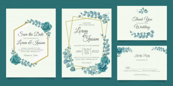 美丽的几何花卉框架婚礼邀请函模板