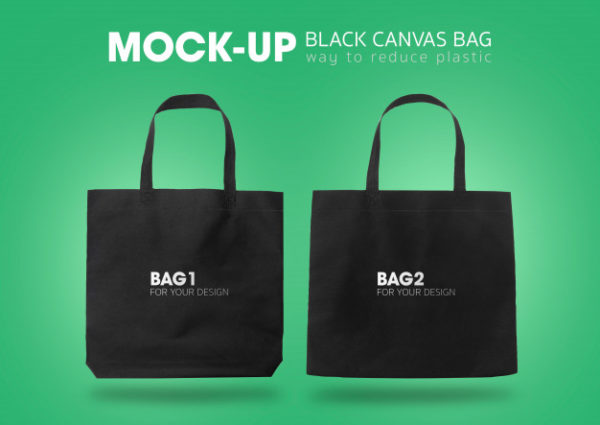 两种不同规格的黑色购物袋设计展示样机