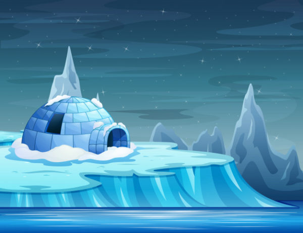 漫画中的冰山和冰屋风景插画