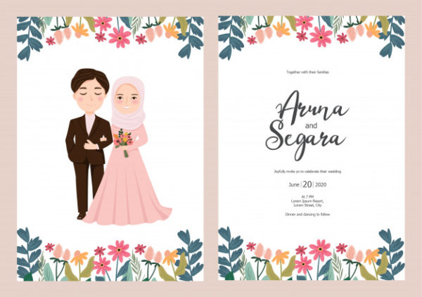 可爱的花卉装饰穆斯林夫妇婚礼邀请卡模板