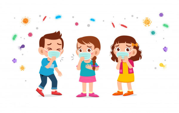 病毒感冒预防儿童戴口罩插画