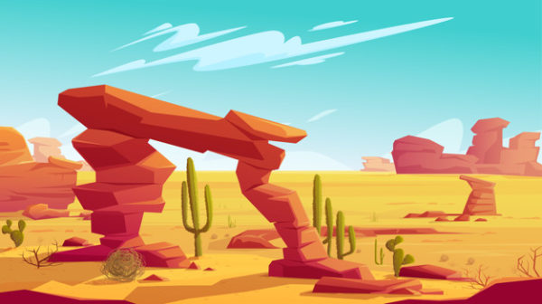 沙漠拱门和天然景观上的风滚草插画