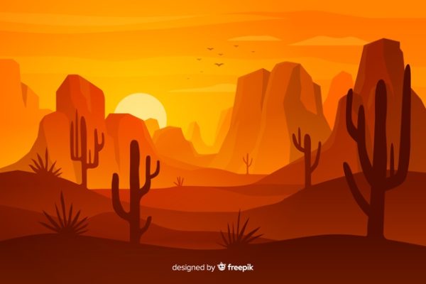 落日沙漠沙丘仙人掌景观插画