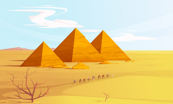 埃及金字塔和骆驼的沙漠景观插画