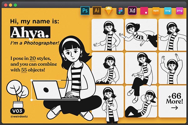 多格式的简约可爱手绘风格的女孩人物角色插画集合（AI，EPS，FIG，PDF，PNG，PSD，SKETCH，SVG，XD）