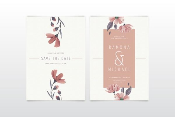 优雅简约的花卉婚礼邀请函模板 Elegant minimalistic floral wedding invitation template Vector