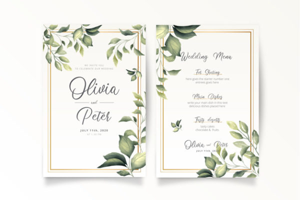 简约风婚礼邀请函模板 Elegant wedding invitation and menu template Vector