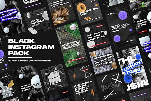 时尚高端多用途的高品质黑色配色的Instagram社交媒体banner海报设计模板集合（psd）
