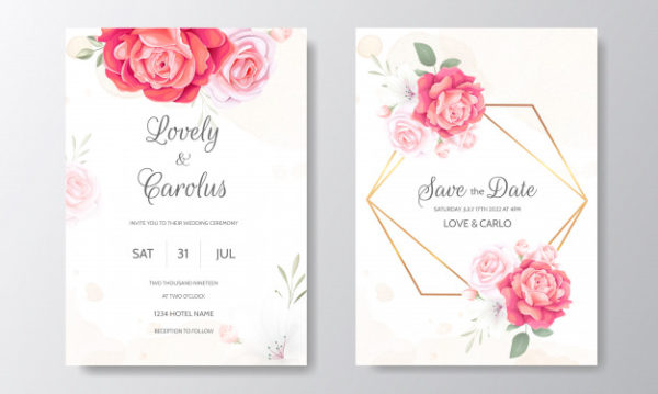 带有花卉边框装饰的婚礼邀请卡设计模板