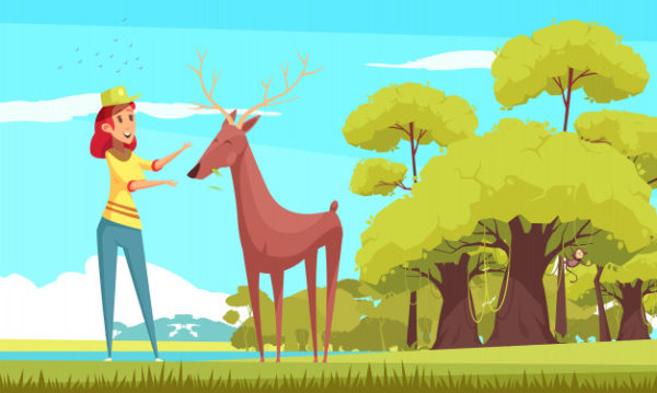 森林动物喂养卡通插图