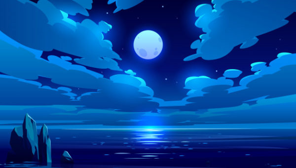 卡通月圆之夜海洋景色插图