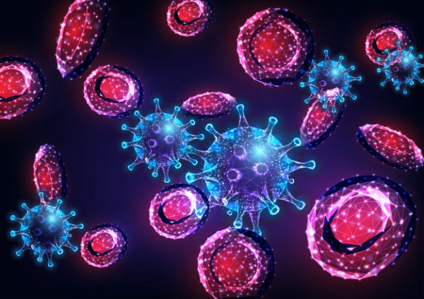 冠状流感病毒细胞和血液中的红细胞插画