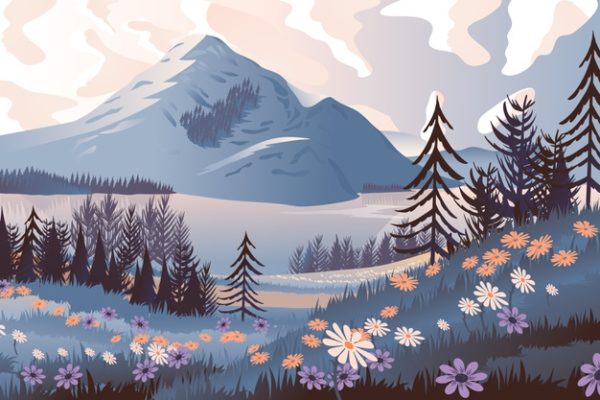 手绘的春天山林风景插画