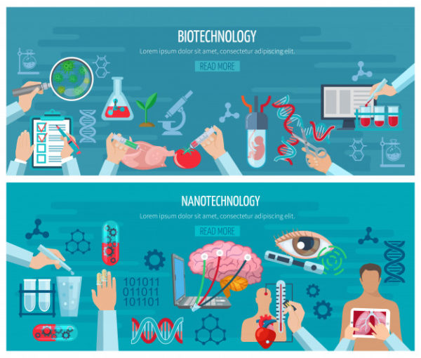 横向生物技术和纳米技术横幅 Horizontal  biotechnology and nanotechnology banners Vector