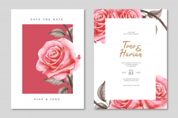 极简主义的玫瑰鲜花装饰婚礼卡模板