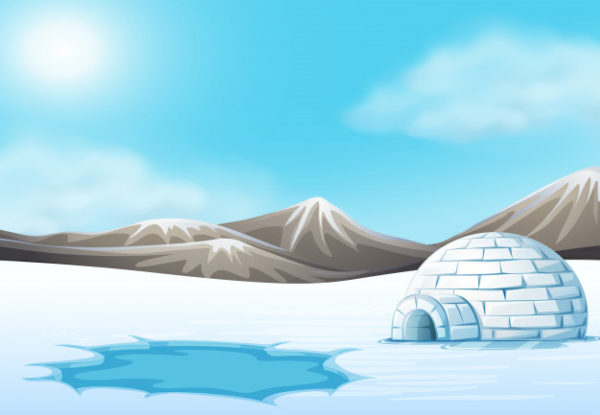 白天的北极冰屋景观插画