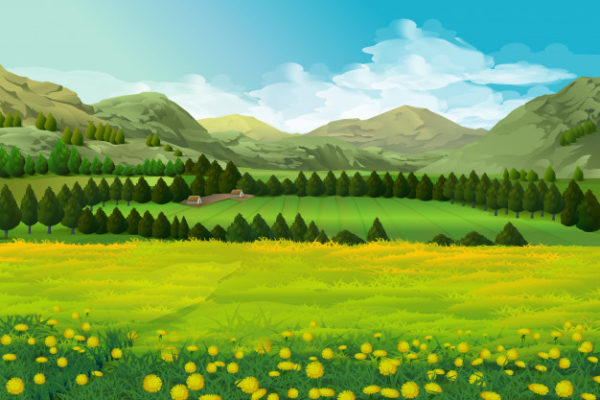 春季平原山丘自然风景插画