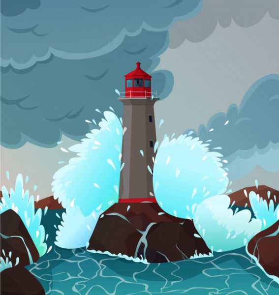 暴风雨海滨灯塔景观插画