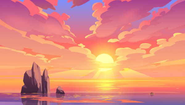 海洋上日落或日出的自然景观插画