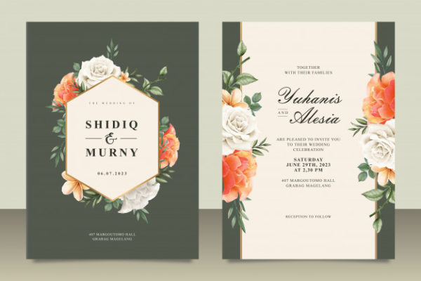 花卉框架装饰的婚礼卡设计模板