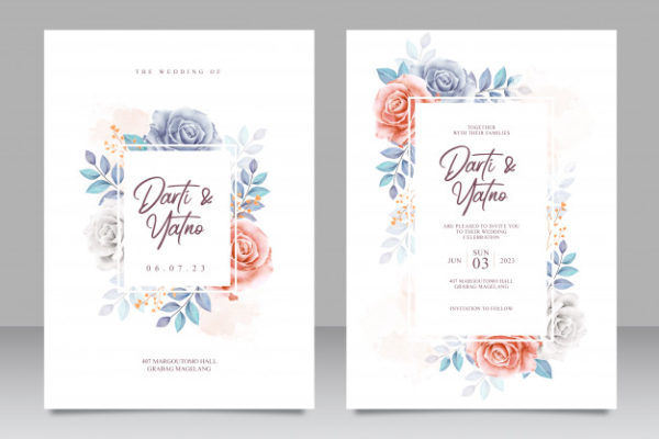 美丽的花卉和树叶装饰的婚礼邀请卡设计模板