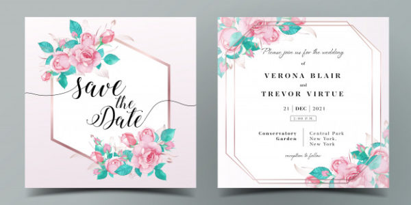 粉色水彩玫瑰装饰婚礼邀请函设计模板
