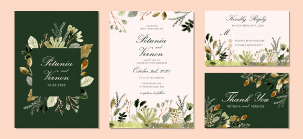 水彩树叶花园婚礼邀请函设计模板
