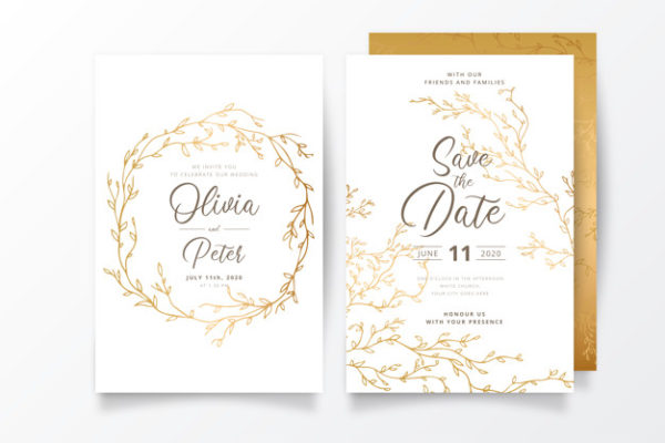 带有金色树枝装饰的婚礼邀请函模板 Wedding invitation template with golden branches Vector