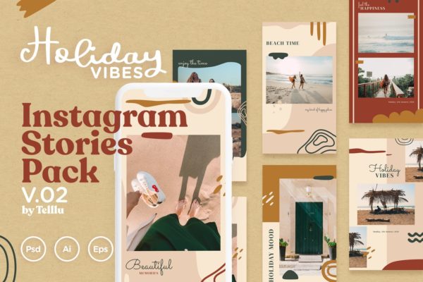 Instagram | 6个明亮甜蜜有趣矢量PSD格式假期度假旅行故事包模板