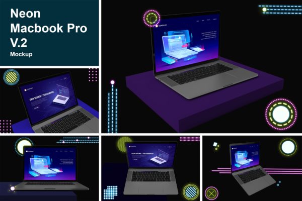 霓虹灯效果的 Macbook Pro 样机素材下载[PSD]