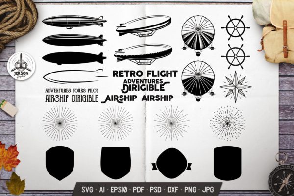 经典的热气球飞艇矢量插画元素下载（Ai,PSD）