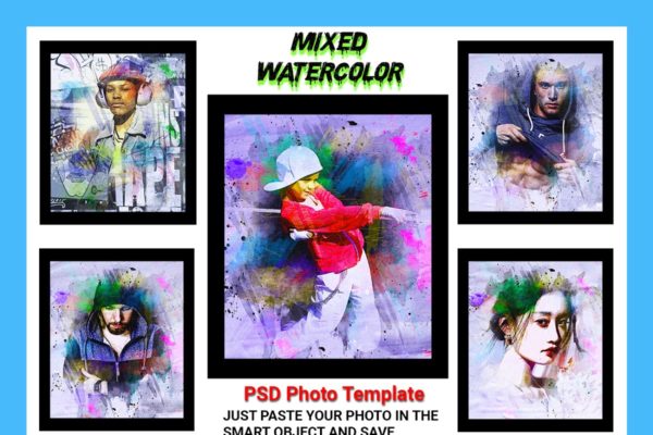 混合水彩绘画照片效果PSD模板