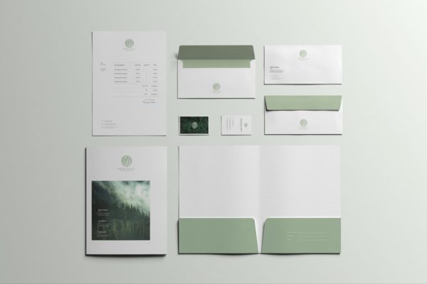 浅绿配色企业办公文具套装VI设计模板