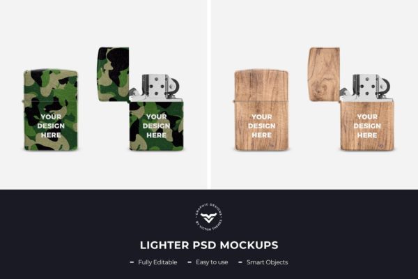 Mockups | 高品质经典款外观Zippo品牌加气样式迷彩木纹打火机样机
