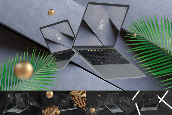 10 个深色的3D酷炫背景的笔记本电脑样机素材下载（PSD）