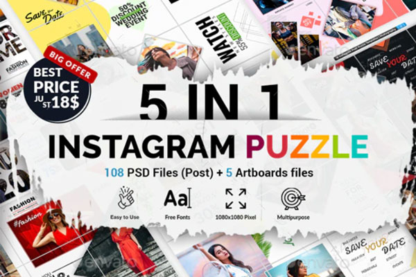 Instagram社交品牌推广拼图模板5合1套装