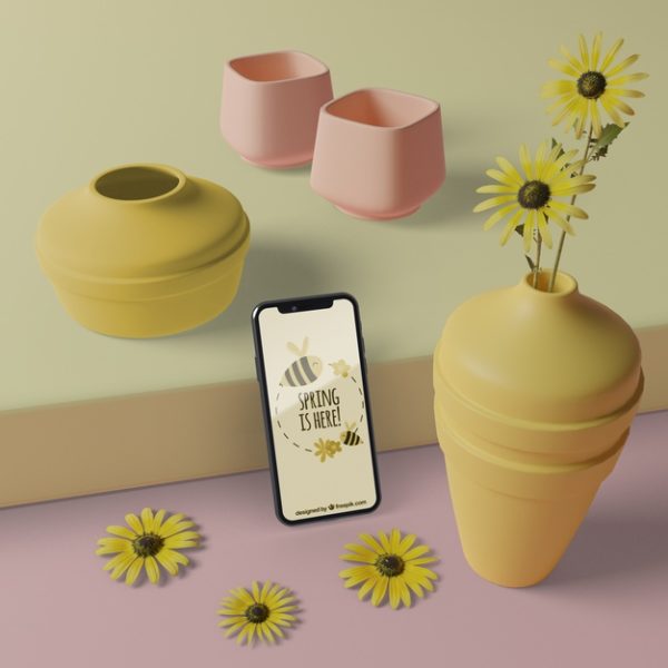 3D花瓶与鲜花装饰手机展示样机[PSD]