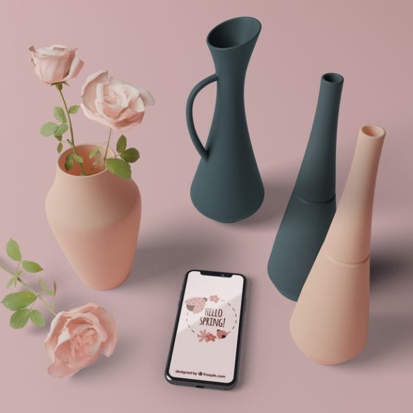 3D插花花瓶与手机展示场景样机[PSD]