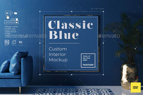 蓝色经典风格室内海报画框设计展示样机下载[PSD]