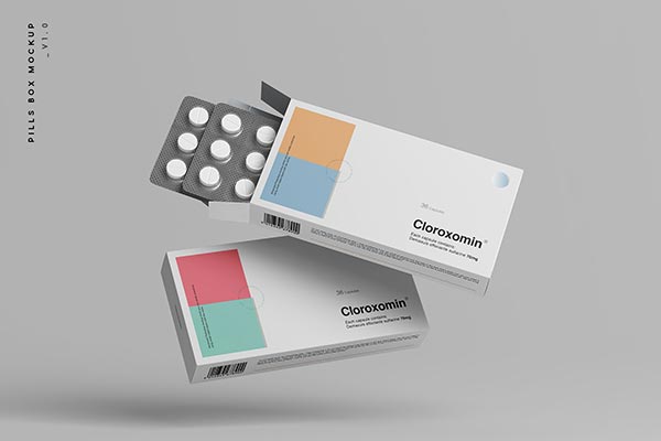 高品质的逼真质感药品药盒包装设计VI样机展示模型mockups