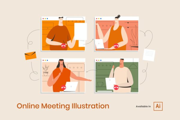插画 | 矢量线条现代人物网上视频会议创意概念平面插图