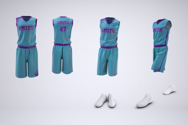 篮球制服球衣和短裤模拟服装设计VI样机展示模型mockups