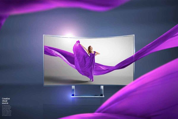 创意紫色丝带曲屏大屏电视视觉海报设计模板