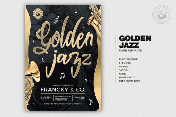 金色爵士音乐活动宣传海报传单模板