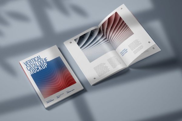 带光影效果的高端杂志设计展示样机（45度角封面+内页）（PSD）