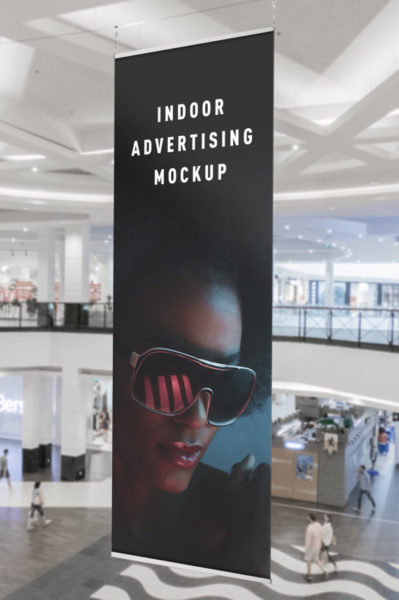 商场室内广告垂直横幅样机[PSD]