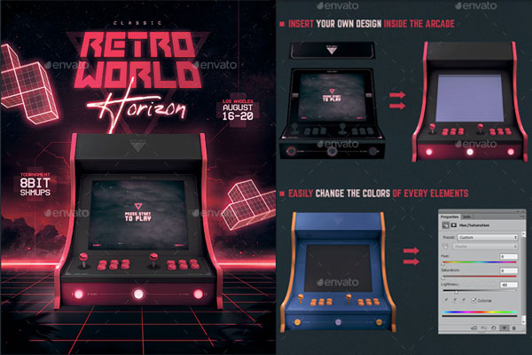 复古80年代街机电子游戏传单/海报设计样机模板