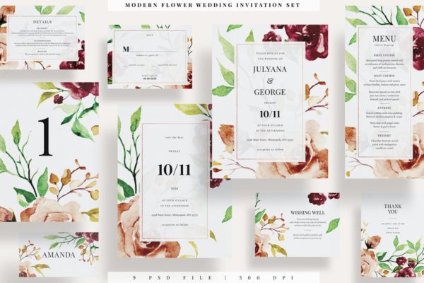 时尚高端清新优雅专业的高品质花卉花朵植物婚礼VI设计海报设计模板集合-PSD