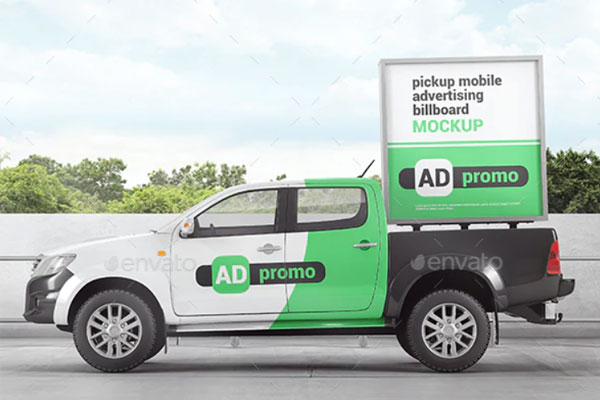 皮卡车移动广告广告牌设计效果图样机